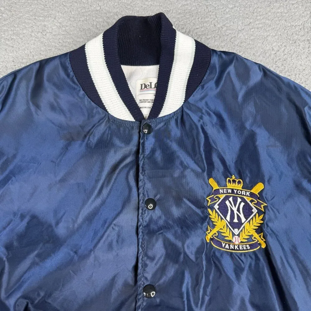 VTG New York Yankees Jacket Mens Large Navy Satin Snap‎ DeLONG USA MLB Baseball